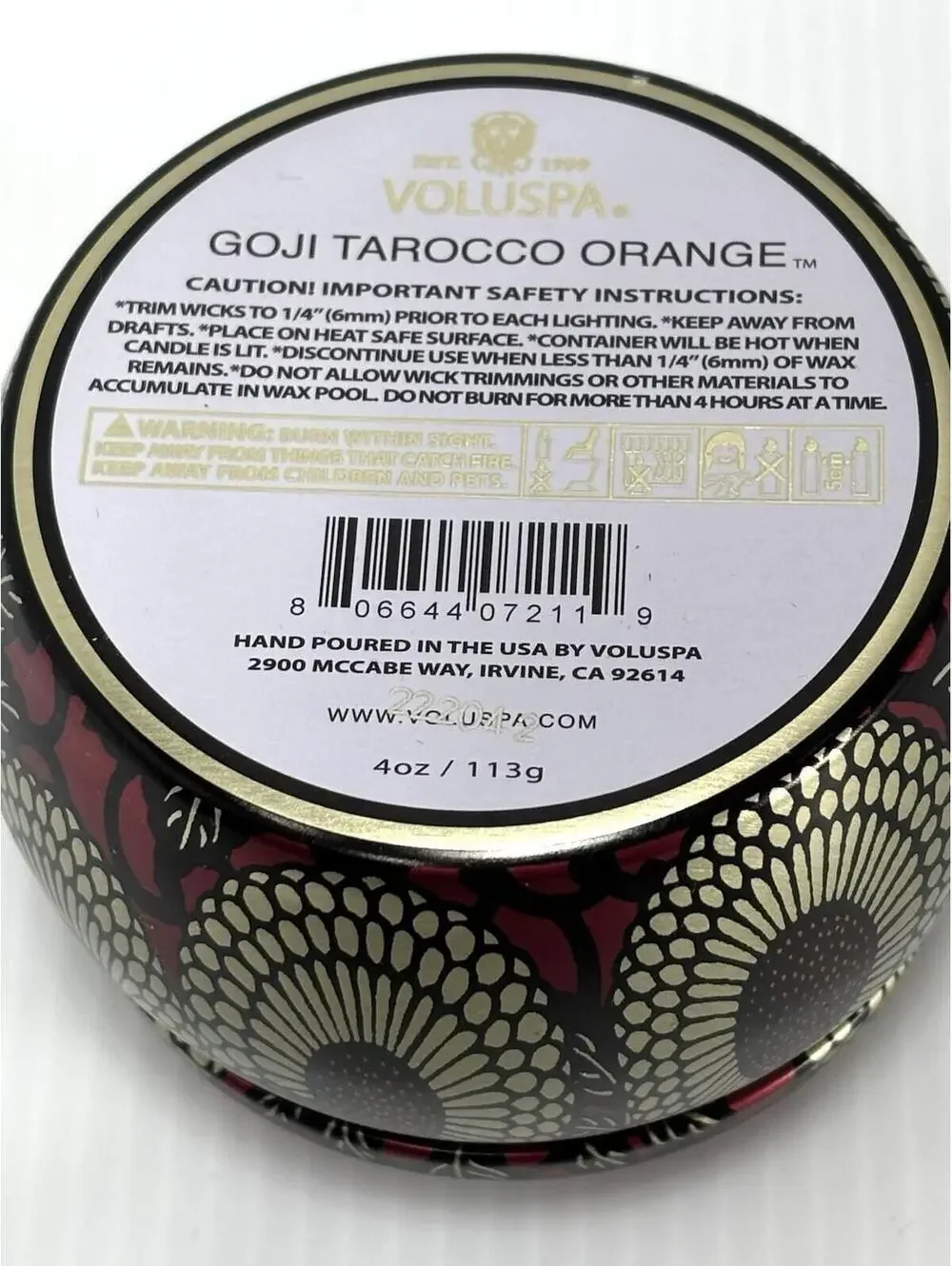 Voluspa Goji Tarocco Orange Mini Tin Candle 4oz/113g Citrus Fruity Fragrance NEW